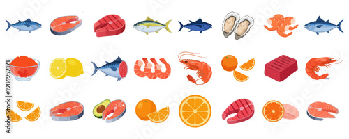 Isometric Seafood and Fish Icons Set with Salmon and Tuna