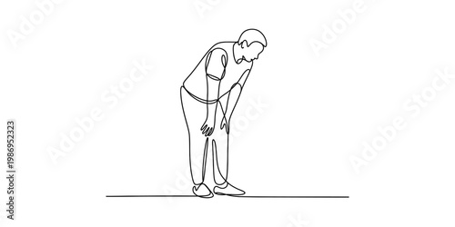 Minimalist continuous single line drawing of a person bending over while feeling very exhausted Vector, illustration