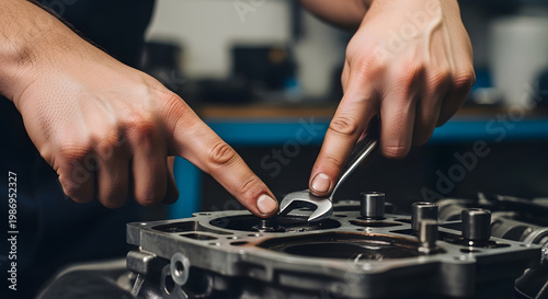 Close-up of skilled hands using a wrench to tighten a bolt on a mechanical engine part in a workshop setting