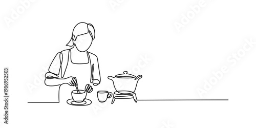 A continuous line drawing of a person wearing an apron preparing a hot beverage in the kitchen Vector, illustration