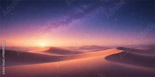 A vibrant morning landscape featuring a golden sunrise over desert hills and a glowing evening sunset across mountain peaks under a dramatic orange sky filled with soft clouds