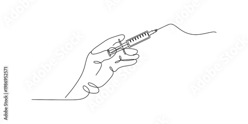 A continuous line drawing of a human hand holding a medical syringe for a vaccine injection dose Vector, illustration