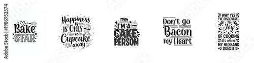 Assortment of baking-themed decorative elements and sayings with white backgroun