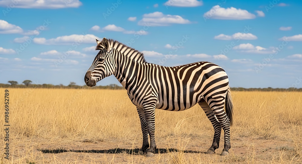 Fototapeta premium A solitary zebra stands in a grassy field under a blue sky dotted with clouds