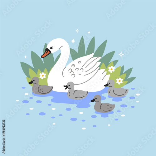 A white swan and its chicks are swimming. Vector graphics.