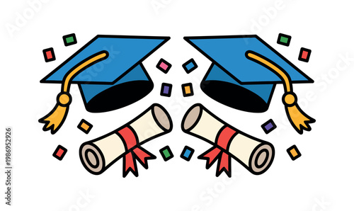 A colorful illustration of graduation caps and diplomas with confetti celebrating academic achievement