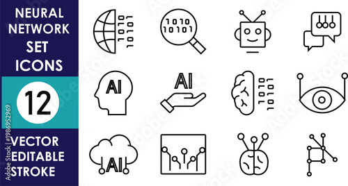 Minimal line icon set featuring artificial intelligence concepts, neural networks, chatbots, brain processing, automation, data analytics, and digital communication in modern outline style