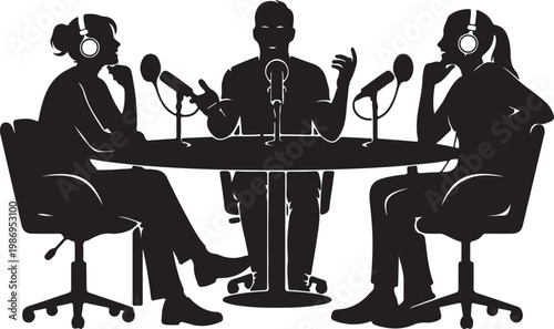 Silhouette of three people podcasting at a round table with microphones