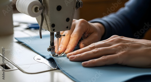 Close-up of a person's hands skillfully operating a sewing machine, creating a garment with blue fabric