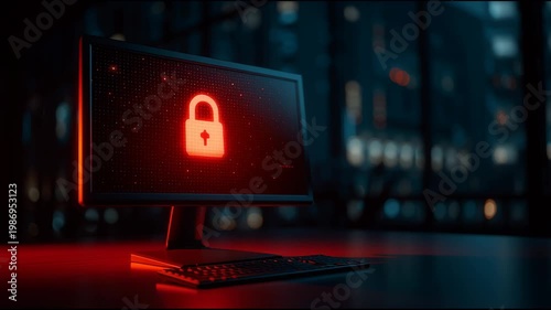 Lock Screen Shows Red Glow in Dark Office at Night With City Lights in Background Creating an Interesting Visual Effect on Computer Screen