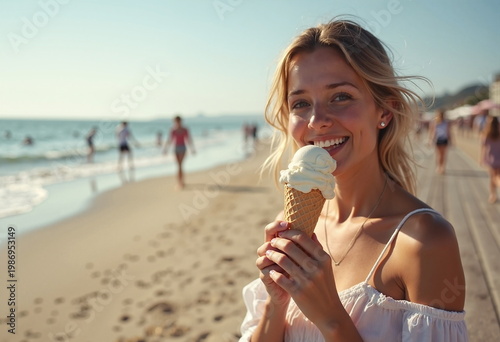 A young blonde woman with fair skin and a radiant smile is enjoying an ice cream cone on a sunny beach. 