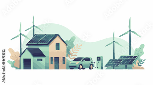 Eco-friendly house with solar panels, wind turbines, and EV charging