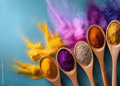 Artistic top view of various colorful spices and powders in wooden spoons with vibrant splashes on a blue background. AI generated