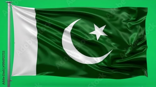 Pakistan flag waving gracefully on a flagpole, a vibrant green and white national symbol, representing patriotism and national identity, ideal for news, documentaries, and cultural projects.