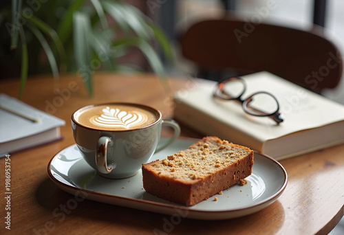 A serene indoor scene featuring a cup of vegan cappuccino and cake