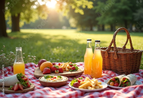A vibrant picnic scene set in a lush park during sunset. A red and white checkered blanket is spread out on the grass.