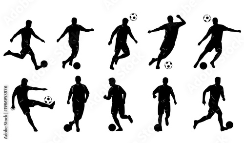 Soccer player silhouette vector set with football players in action poses kicking dribbling and running isolated on white background