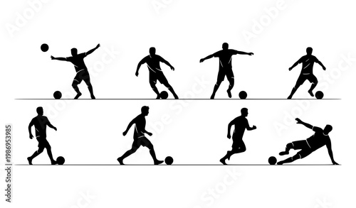 Soccer player silhouette icon set with football action poses including kick tackle and celebration isolated on white background