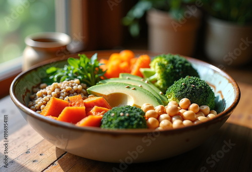 A vibrant, close-up photograph of a vegan buddha bowl filled with a variety of fresh, colorful ingredients.