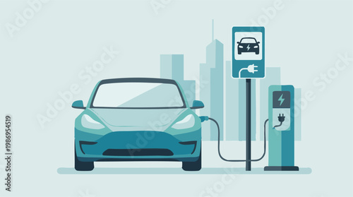 Electric car at charging point with city skyline in modern illustration