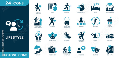 Lifestyle icon set. Diet, exercise, sleep, fitness, relaxation, running, habits, wellness, weight loss, self care, healthy lifestyle. Duotone vector icons.