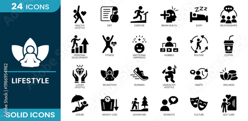Lifestyle icon set. Healthy lifestyle, diet, exercise, sleep, fitness, relaxation, running, habits, wellness, weight loss, self care. Solid vector icons.