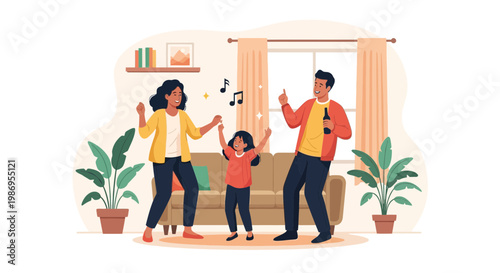 Family enjoys fun moments together while dancing in the living room during a weekend evening at home