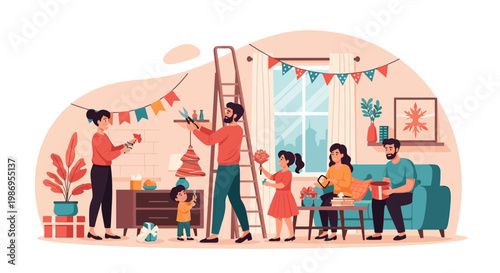 Family gathers to prepare decorations for holiday celebration in living room during afternoon