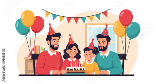 Family gathers to celebrate a birthday with cake, balloons, and smiles in a bright room filled with decorations