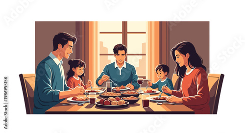 Family gathers around a dinner table in a home for a meal with various dishes during evening time
