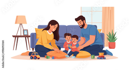 Family plays together in living room with toys and cushions while enjoying time with children in the afternoon