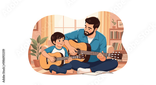 Father and son play guitar together in living room during afternoon