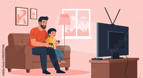 Father and son enjoy gaming together in a cozy living room during the evening