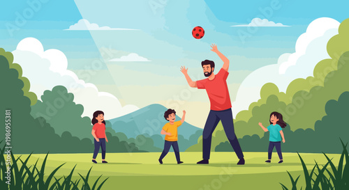 Playing catch with kids in a green field near mountains on a sunny day