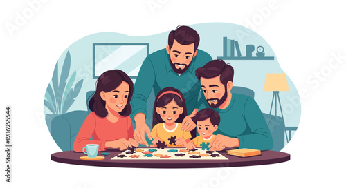 Family works together to complete a puzzle at home during the weekend in a cozy living room