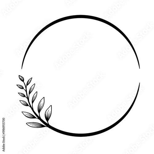 Elegant floral circle frame in black outline line art with delicate flowers and leaves.