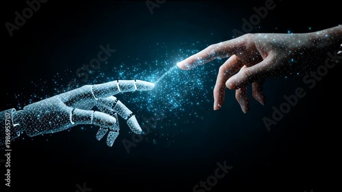 Connection Between Human Hand and Robotic Hand Against Dark Background With Light Particles