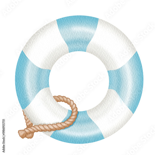 Hand-drawn watercolor blue lifebuoy and swim ring illustration,