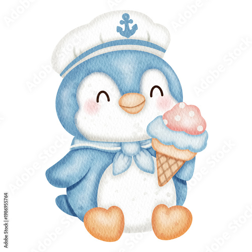 Hand-drawn watercolor cute blue penguin wearing a sailor hat illustration,