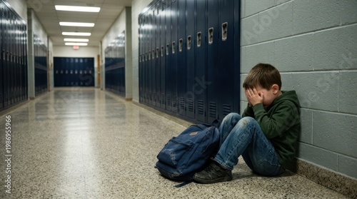 Young boy crying alone in school hallway next to lockers with backpack