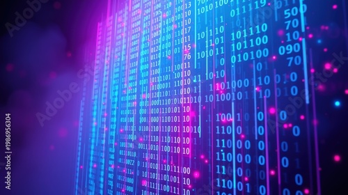 Digital rain streams down black background. Binary code glows, vibrant purple, blue hues dominate scene. Futuristic, technological aesthetic.