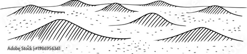 Stylized black and white line of rolling sand dunes with textured shading desert