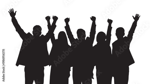 Silhouette of a group of happy business people celebrating success with raised hands and fists