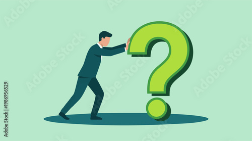 Businessman Pushing a Large Green Question Mark: Problem-Solving Concept