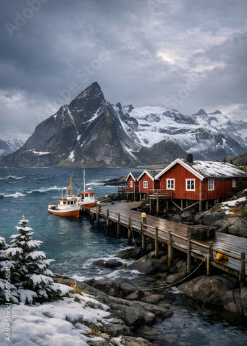 Scenic Winter Coastal Village With Snowy Mountains And Docked Fishing Boat