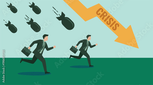 Businessmen running from falling bombs and an economic crisis arrow