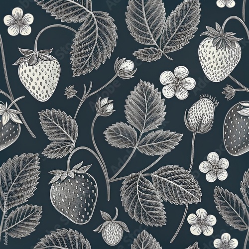 Monochrome strawberry botanical pattern, dark elegant seamless texture