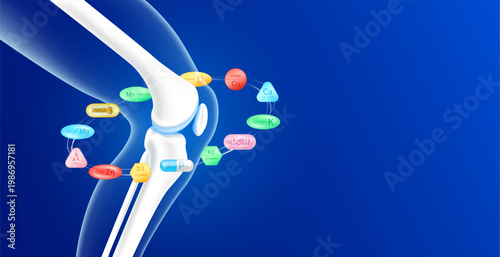 Knee joint surrounded by pill capsule drug Vitamin D minerals calcium omega 3 and collagen absorbed into the bone cartilage. Dietary supplement bone, Medical health care concept. 3D vector.
