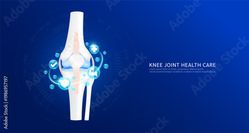 Knee joint health care. Cartilage surrounded by bubbles checkmark shield and plus sign and Vitamin D Minerals Calcium Omega 3 Collagen. Dietary supplement bone, Medical concept. Banner vector.