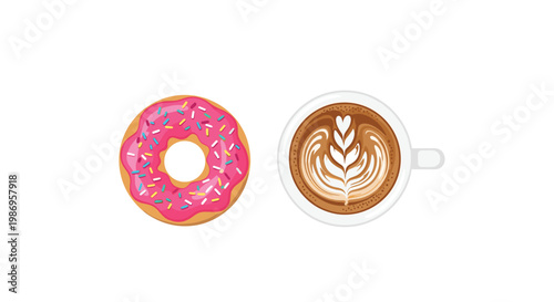 A vibrant top-down composition featuring a delicious pink glazed donut with colorful sprinkles next to a warm cup of latte with intricate heart art.